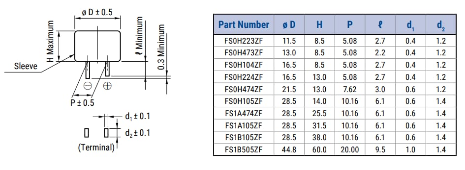 Mechanical Drawing - KEMET FS Supercapacitors